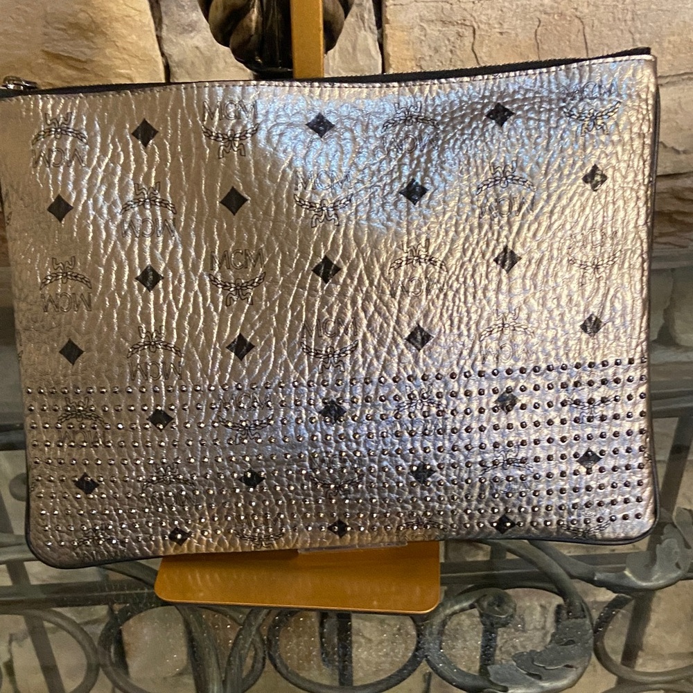 MCM Metallic Gold Clutch with Black Accents - Picture 2 of 11
